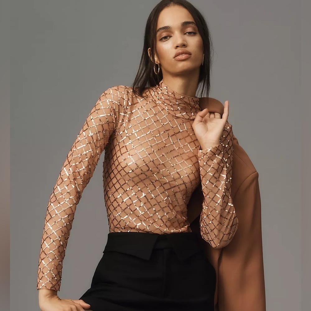 NWT Anthropologie Pilcro Sheer Turtleneck Sequin Long Sleeve Top Light Sand - Picture 5 of 12